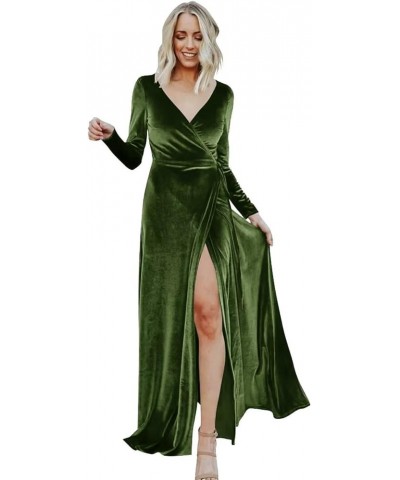 Long Sleeve Velvet Bridesmaid Dreeses for Wedding V Neck Women Formal Fall Winter Maxi Party Dress with Slit Moss Green $29.1...