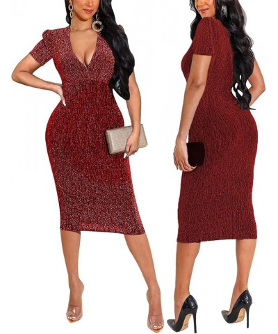 Women's Sexy Dresses Sparkly Basic Long Sleeve Bodycon Sequin Club Night Party Midi Dress 10750-2wine Red $22.41 Dresses