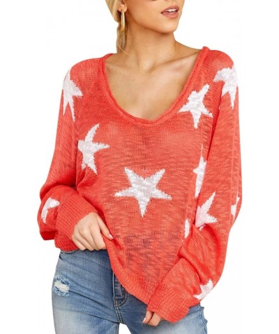 Women's Sexy Off Shoulder Star Oversized Sweater Casual Loose Scoop Neck Long Sleeve Pullover Knit Sweater Tunic Tops Coral $...