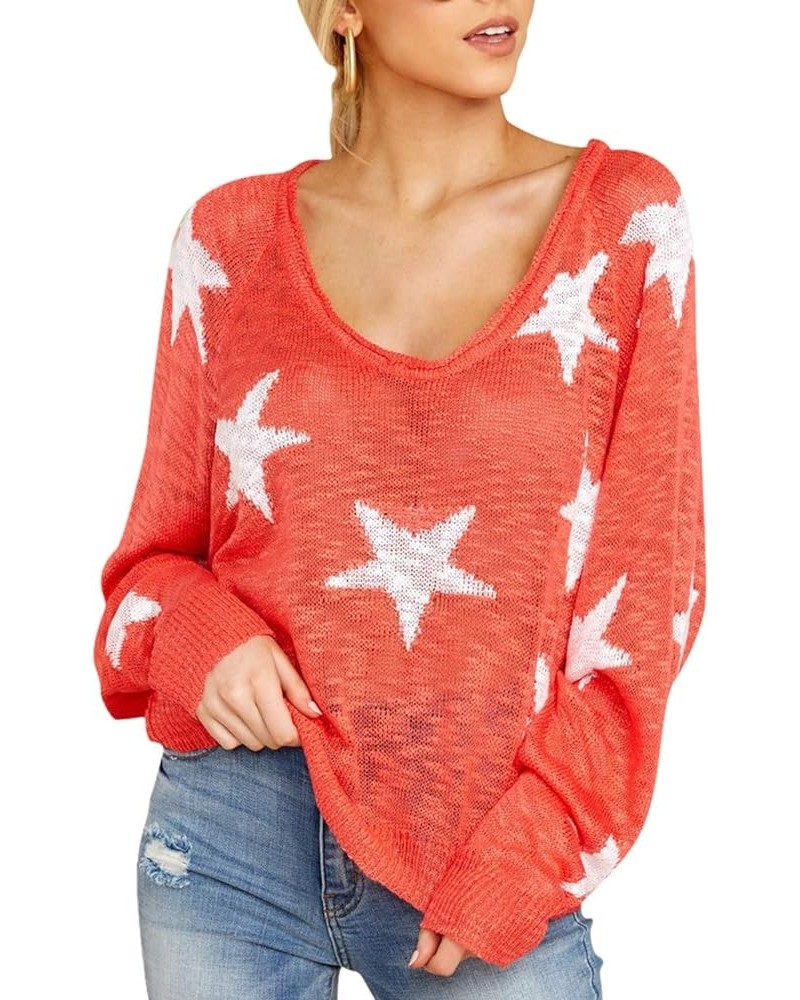 Women's Sexy Off Shoulder Star Oversized Sweater Casual Loose Scoop Neck Long Sleeve Pullover Knit Sweater Tunic Tops Coral $...