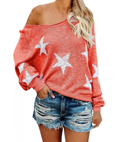 Women's Sexy Off Shoulder Star Oversized Sweater Casual Loose Scoop Neck Long Sleeve Pullover Knit Sweater Tunic Tops Coral $...