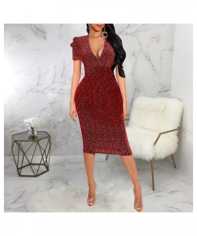 Women's Sexy Dresses Sparkly Basic Long Sleeve Bodycon Sequin Club Night Party Midi Dress 10750-2wine Red $22.41 Dresses