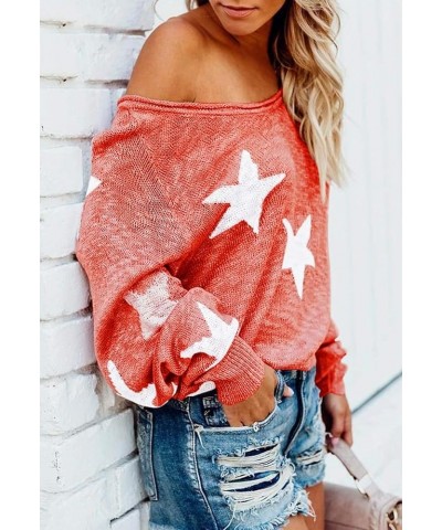 Women's Sexy Off Shoulder Star Oversized Sweater Casual Loose Scoop Neck Long Sleeve Pullover Knit Sweater Tunic Tops Coral $...