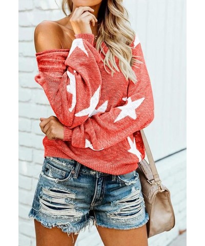 Women's Sexy Off Shoulder Star Oversized Sweater Casual Loose Scoop Neck Long Sleeve Pullover Knit Sweater Tunic Tops Coral $...