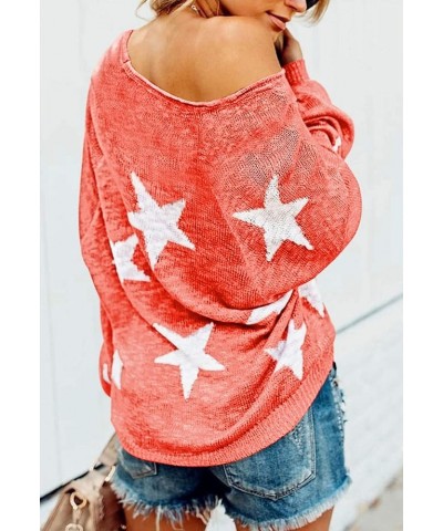 Women's Sexy Off Shoulder Star Oversized Sweater Casual Loose Scoop Neck Long Sleeve Pullover Knit Sweater Tunic Tops Coral $...