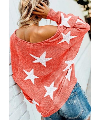 Women's Sexy Off Shoulder Star Oversized Sweater Casual Loose Scoop Neck Long Sleeve Pullover Knit Sweater Tunic Tops Coral $...