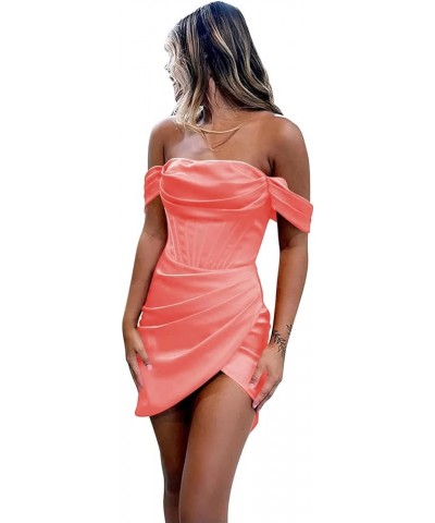 Off The Shoulder Short Homecoming Dresses for Teens 2023 Pleated Satin Meramid Prom Dress YMS280 Coral $22.00 Dresses