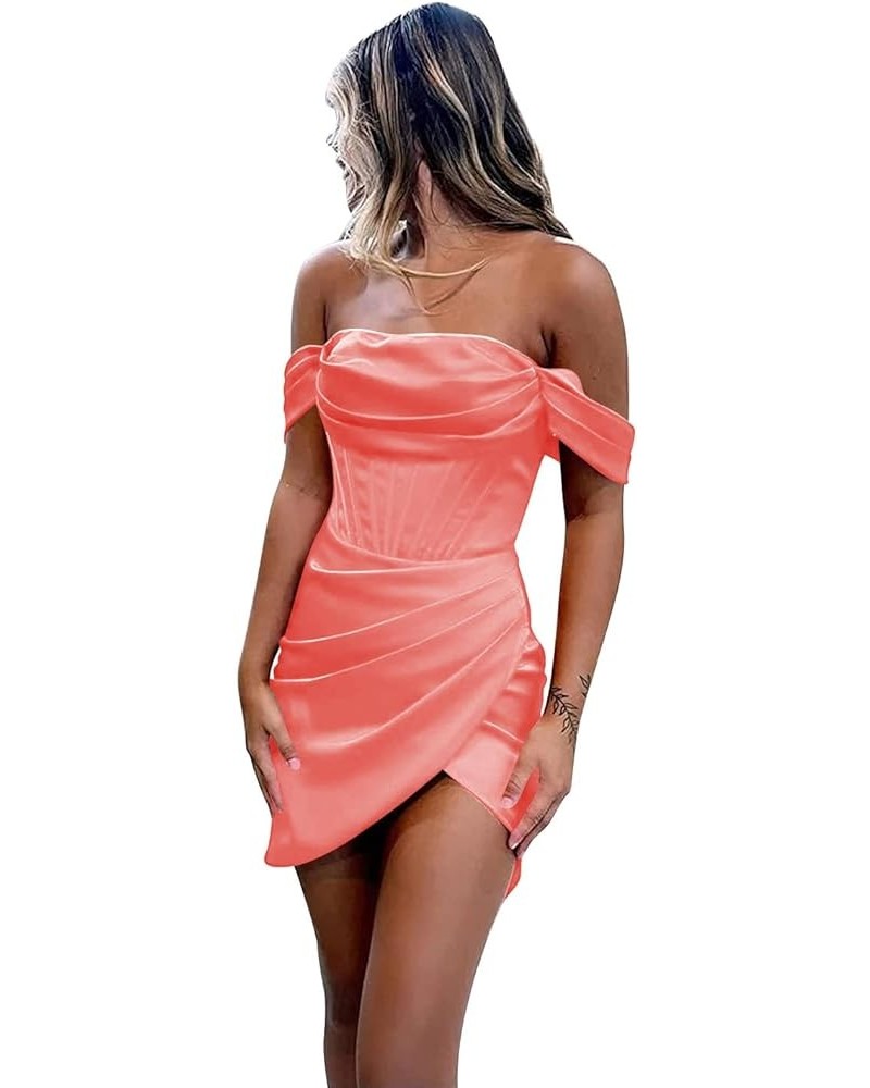 Off The Shoulder Short Homecoming Dresses for Teens 2023 Pleated Satin Meramid Prom Dress YMS280 Coral $22.00 Dresses