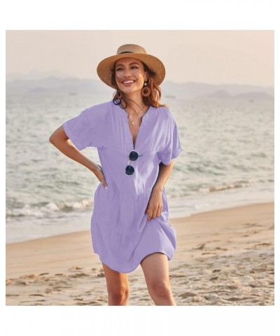 Womens V Neck Casual Sexy Swimsuit Cover Up Short Sleeve Loose Fit Bathing Suit Swim Cover-up Flowy Beach Mini Dress Light Pu...