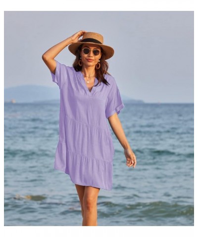 Womens V Neck Casual Sexy Swimsuit Cover Up Short Sleeve Loose Fit Bathing Suit Swim Cover-up Flowy Beach Mini Dress Light Pu...