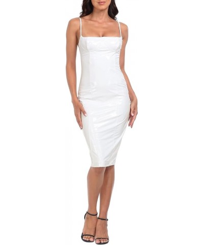 Women's Latex Midi Bodycon Dress Vinyl Faux Leather Sexy Balconette Dresses White $19.27 Dresses