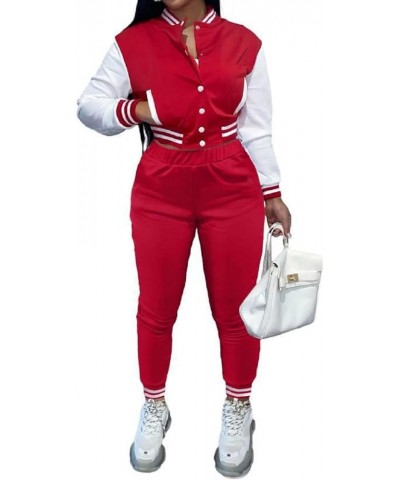 Varsity Outfits for Women Button Down Bomber Jacket With Bodycon Sweatpants Red $15.80 Jackets