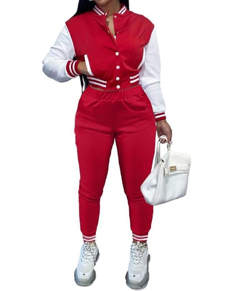 Varsity Outfits for Women Button Down Bomber Jacket With Bodycon Sweatpants Red $15.80 Jackets