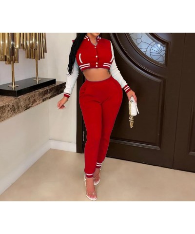 Varsity Outfits for Women Button Down Bomber Jacket With Bodycon Sweatpants Red $15.80 Jackets