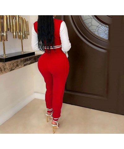 Varsity Outfits for Women Button Down Bomber Jacket With Bodycon Sweatpants Red $15.80 Jackets