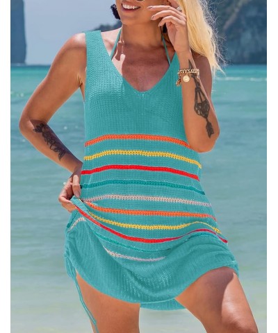 Women Crochet Cover Ups Short Knitted Tank Dress Sexy Backless Beach Cover Up J-blue $14.00 Swimsuits