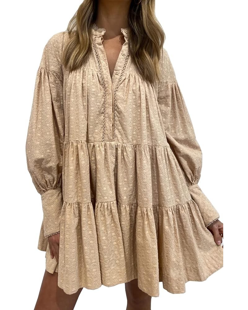 Ruffle Sleeve Tunic Midi Dress Flowy Shift Sundress Sweet Babydoll Button Down Swing Skirt Khaki 202216 $31.56 Blouses