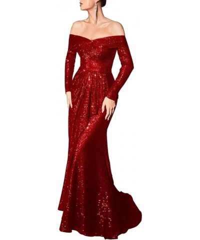 Women's Mermaid Sequin Prom Dress Off The Shoulder Evening Gowns with Long Sleeves Red $37.50 Dresses