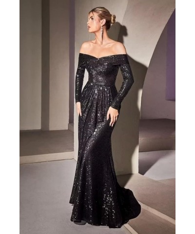 Women's Mermaid Sequin Prom Dress Off The Shoulder Evening Gowns with Long Sleeves Red $37.50 Dresses