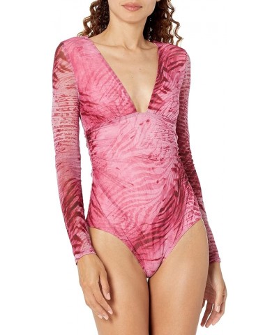 womens Long Sleeve Luisa Mesh Printed Bodysuit Digital Tiger Print Pink $20.09 Bodysuits