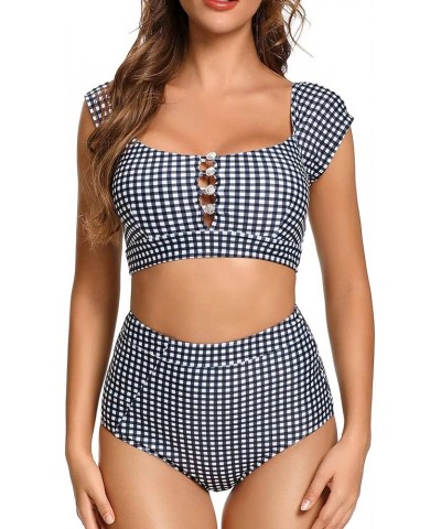 Women's Retro High Waisted Bikini Two Pieces Swimsuits 50s Cap Sleeve Swimwear Bathing Suit Gingham $12.95 Swimsuits