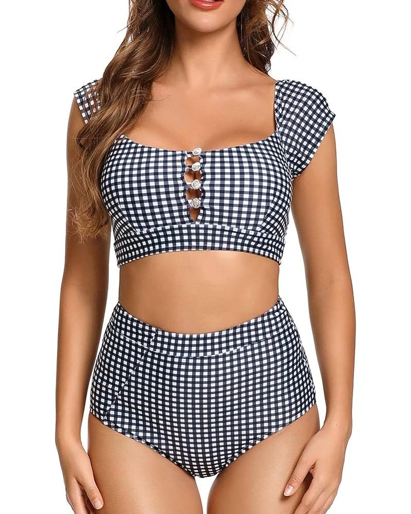 Women's Retro High Waisted Bikini Two Pieces Swimsuits 50s Cap Sleeve Swimwear Bathing Suit Gingham $12.95 Swimsuits