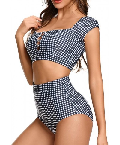 Women's Retro High Waisted Bikini Two Pieces Swimsuits 50s Cap Sleeve Swimwear Bathing Suit Gingham $12.95 Swimsuits