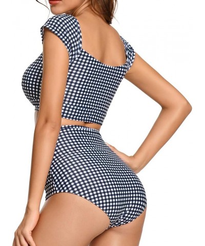 Women's Retro High Waisted Bikini Two Pieces Swimsuits 50s Cap Sleeve Swimwear Bathing Suit Gingham $12.95 Swimsuits