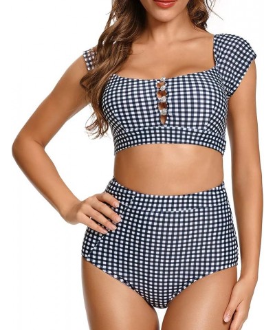 Women's Retro High Waisted Bikini Two Pieces Swimsuits 50s Cap Sleeve Swimwear Bathing Suit Gingham $12.95 Swimsuits