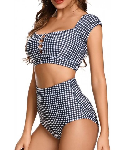 Women's Retro High Waisted Bikini Two Pieces Swimsuits 50s Cap Sleeve Swimwear Bathing Suit Gingham $12.95 Swimsuits