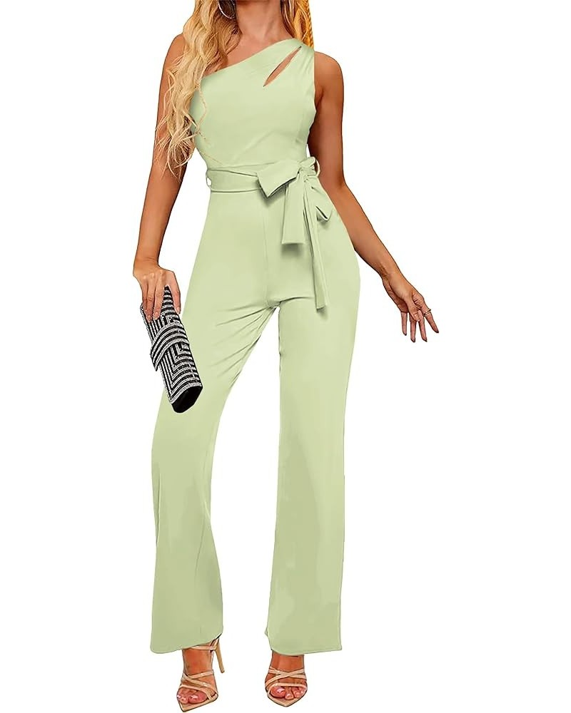 Womens Summer One Shoulder Cutout Elegant Casual Sleeveless High Waist Belted Wide Leg Jumpsuits A Mint Green $22.44 Jumpsuits