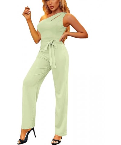 Womens Summer One Shoulder Cutout Elegant Casual Sleeveless High Waist Belted Wide Leg Jumpsuits A Mint Green $22.44 Jumpsuits