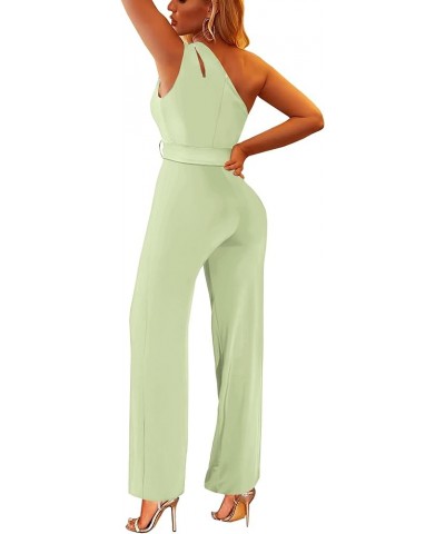 Womens Summer One Shoulder Cutout Elegant Casual Sleeveless High Waist Belted Wide Leg Jumpsuits A Mint Green $22.44 Jumpsuits