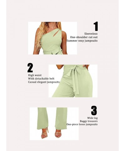 Womens Summer One Shoulder Cutout Elegant Casual Sleeveless High Waist Belted Wide Leg Jumpsuits A Mint Green $22.44 Jumpsuits