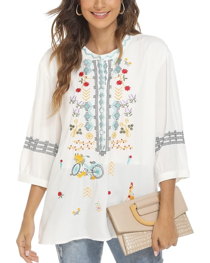 Vakakado Mexican Embroidered Women's  Shirts Mexico Peasant Boho Tops 3/4 Sleeves V Neck  Bohemian Blouse Loose Tunic White-3...