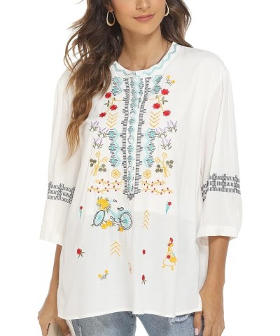 Vakakado Mexican Embroidered Women's  Shirts Mexico Peasant Boho Tops 3/4 Sleeves V Neck  Bohemian Blouse Loose Tunic White-3...