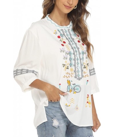 Vakakado Mexican Embroidered Women's  Shirts Mexico Peasant Boho Tops 3/4 Sleeves V Neck  Bohemian Blouse Loose Tunic White-3...