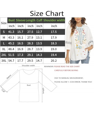 Vakakado Mexican Embroidered Women's  Shirts Mexico Peasant Boho Tops 3/4 Sleeves V Neck  Bohemian Blouse Loose Tunic White-3...