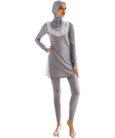 Women Muslim Swimwear Islamic Modest Swimsuit Full Cover Hijab Long Sleeve Burkini Gray B $17.03 Swimsuits