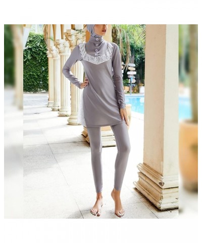 Women Muslim Swimwear Islamic Modest Swimsuit Full Cover Hijab Long Sleeve Burkini Gray B $17.03 Swimsuits