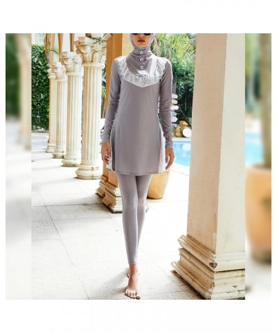 Women Muslim Swimwear Islamic Modest Swimsuit Full Cover Hijab Long Sleeve Burkini Gray B $17.03 Swimsuits