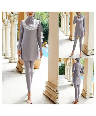 Women Muslim Swimwear Islamic Modest Swimsuit Full Cover Hijab Long Sleeve Burkini Gray B $17.03 Swimsuits