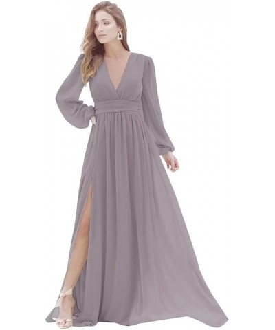 Long Sleeve Bridesmaid Dresses with Slit for Women V Neck A Line Pleated Chiffon Evening Prom Formal Gowns Wisteria $25.62 Dr...