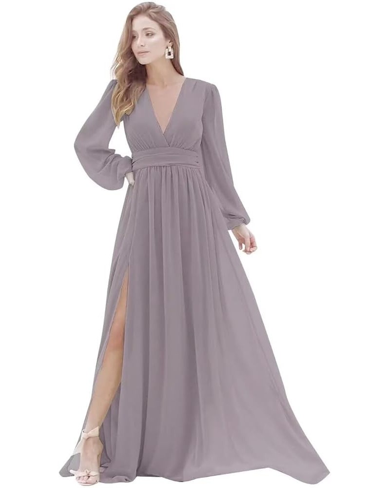 Long Sleeve Bridesmaid Dresses with Slit for Women V Neck A Line Pleated Chiffon Evening Prom Formal Gowns Wisteria $25.62 Dr...