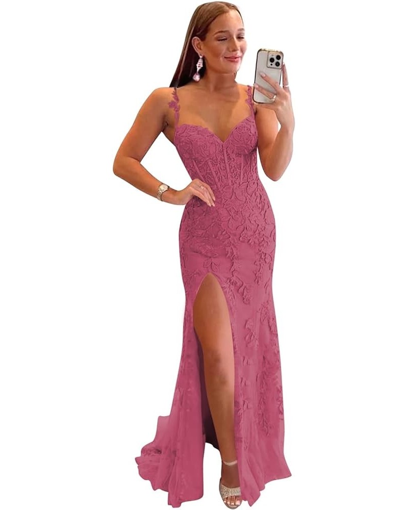 Women's Lace Mermaid Prom Dresses Long with Slit Mermaid Spaghetti Straps Backless Formal Evening Gowns YZTS099 Desert Rose $...