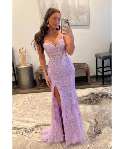 Women's Lace Mermaid Prom Dresses Long with Slit Mermaid Spaghetti Straps Backless Formal Evening Gowns YZTS099 Desert Rose $...