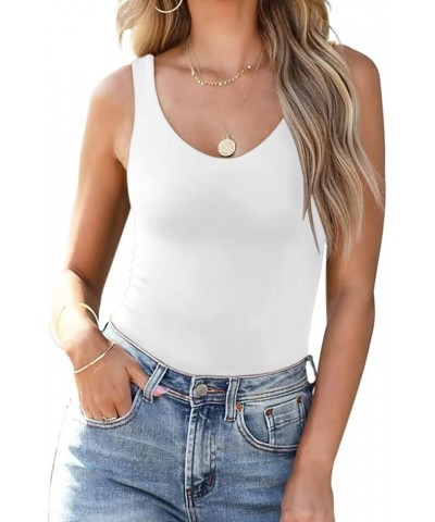 Womens Tank Top Scoop Neck Double Layer Slim Fit Sleeveless Basic Tops White $6.74 Tanks