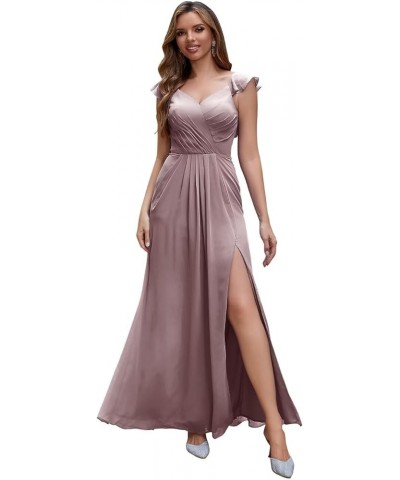 Women's Ruffle Sleeves Bridesmaid Dresses Long with Slit V Neck Chiffon Pleated Formal Wedding Evening Prom Gown Dusty Purple...