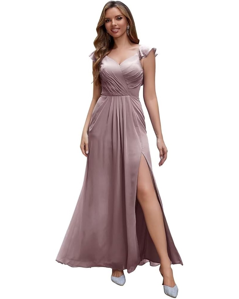 Women's Ruffle Sleeves Bridesmaid Dresses Long with Slit V Neck Chiffon Pleated Formal Wedding Evening Prom Gown Dusty Purple...