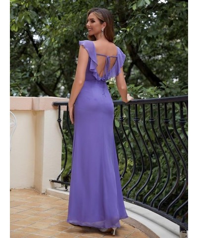 Women's Ruffle Sleeves Bridesmaid Dresses Long with Slit V Neck Chiffon Pleated Formal Wedding Evening Prom Gown Dusty Purple...